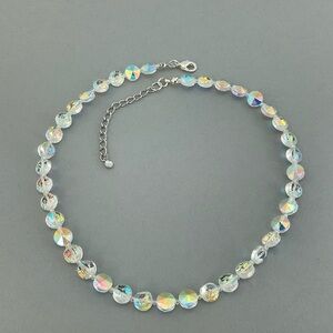 Host Pick!!! Aurora Borealis Clear Crystal Necklace, Vtg Coin Shape Beads, 16" L